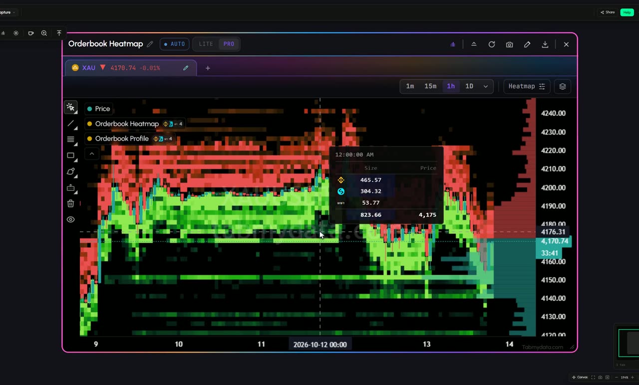 The Orderbook Heatmap on XAU gold futures: a heat field of resting order size behind the candles, with the profile bars at the right edge