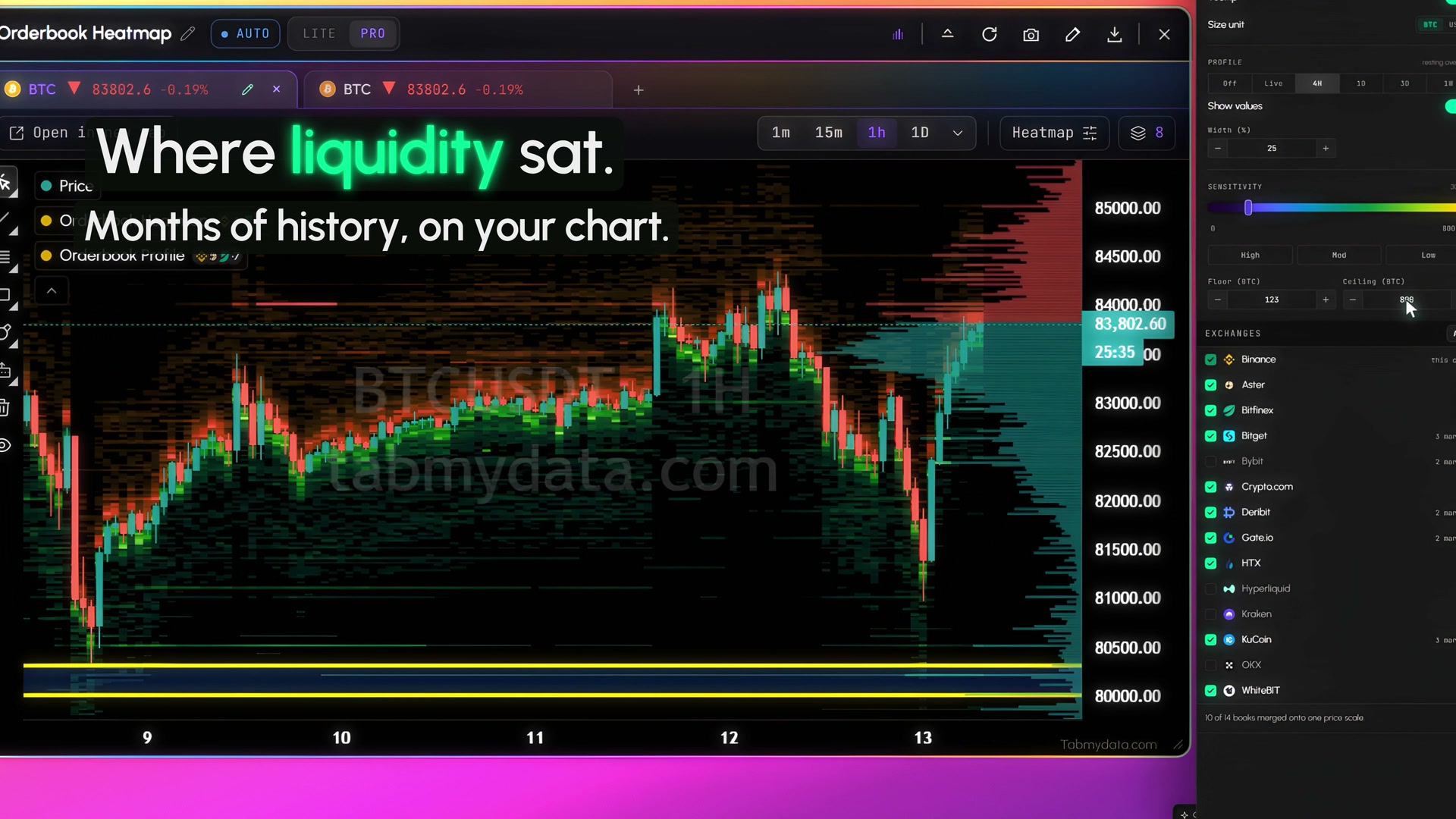 Tabmydata workspace: liquidity heatmap, order book, liquidations and chart on one screen