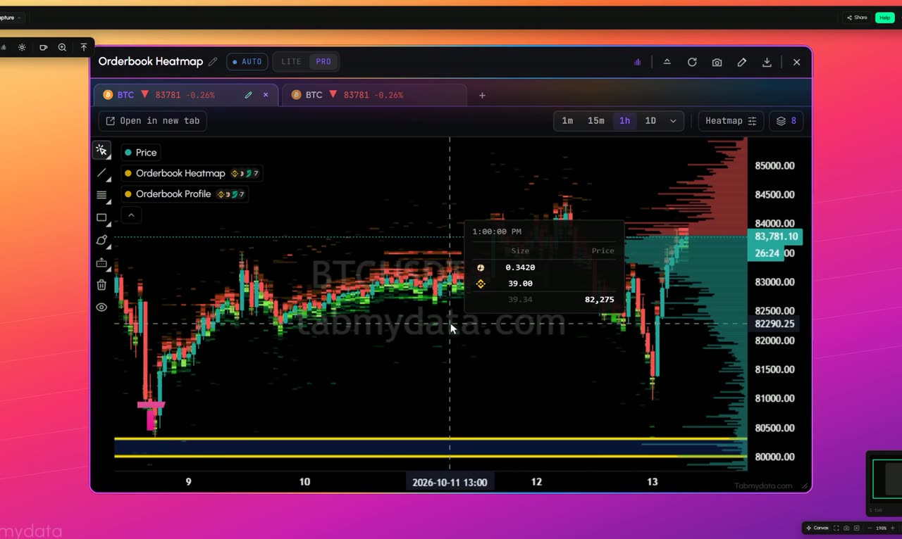 The Orderbook Heatmap on BTC, 1h: resting depth over time with the Orderbook Profile on the right