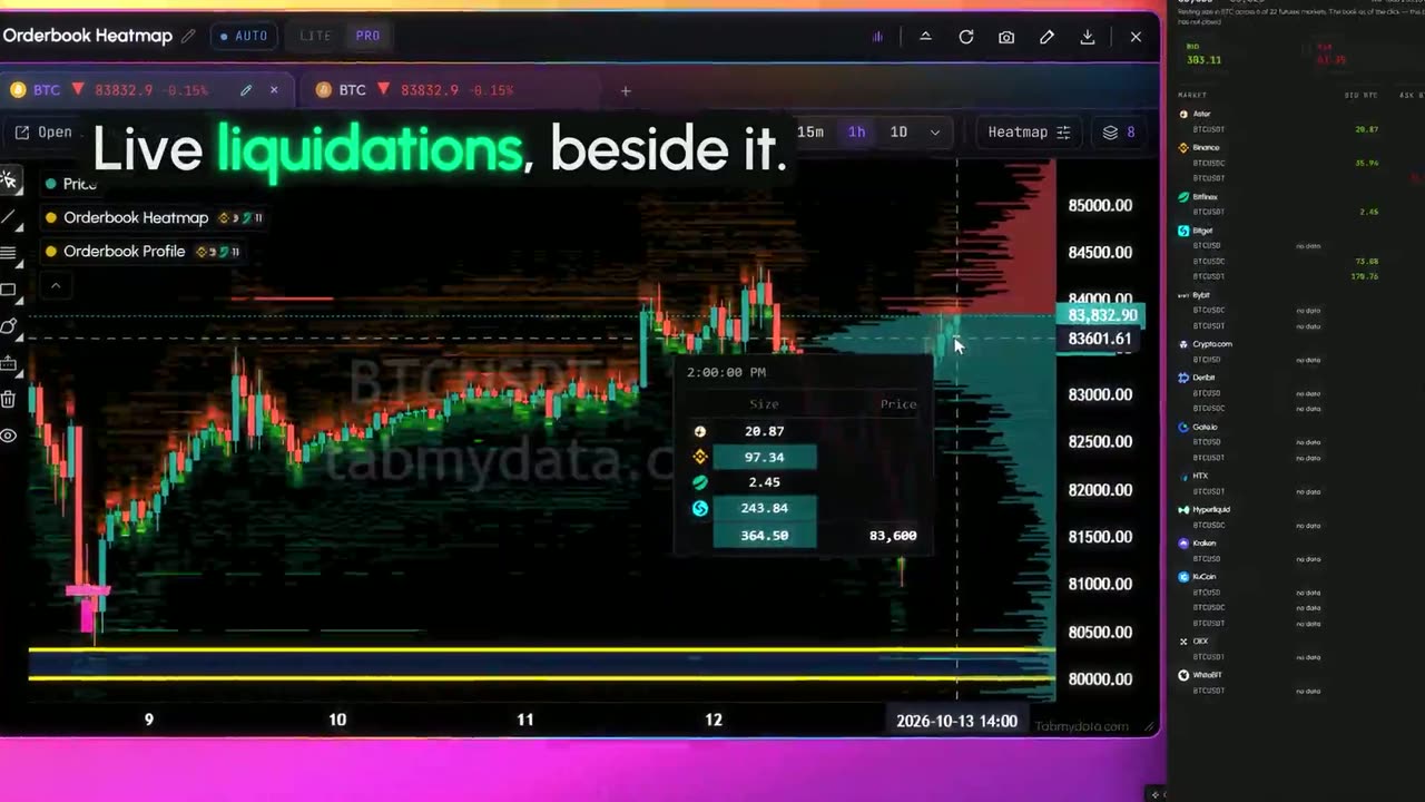 A Tabmydata workspace with the Orderbook Heatmap, Orderbook Profile and a price chart side by side