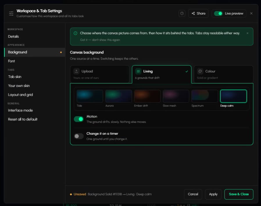Workspace & Tab Settings open on Background, with the Upload, Living and Colour sources