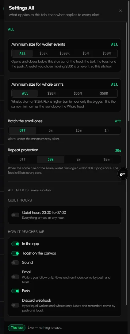 The Alert Settings drawer on the All tab