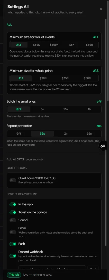 The Whale tab of Alert Settings with minimum size, batch and default coin filter