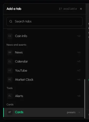 The Cards entry in the Add a tab panel with its preview