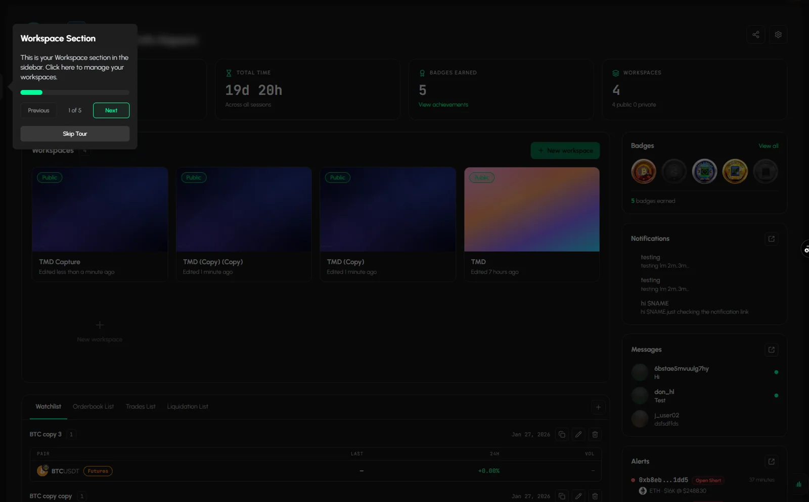 The Dashboard: usage cards, the workspaces grid, saved lists and the right column