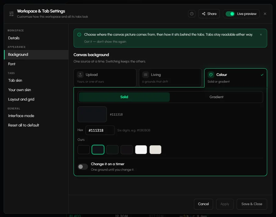 Workspace & Tab Settings on Background with Upload, Living and Colour
