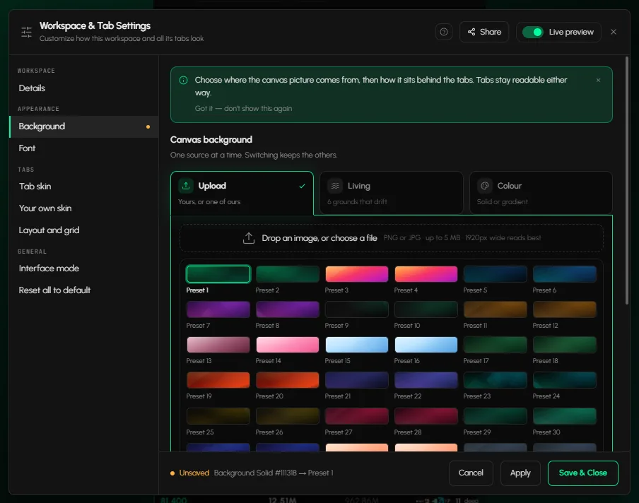 The Upload source with the preset backgrounds and the upload button