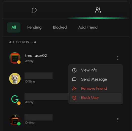 Friend menu with Block User highlighted