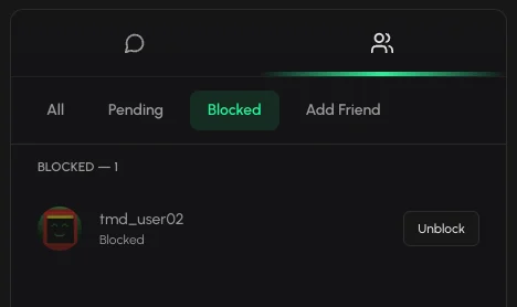 Blocked tab listing a blocked member with the Unblock button