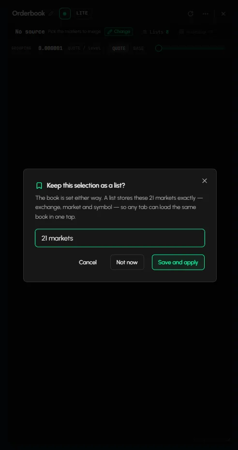 The Keep this selection as a list? dialog with Cancel, Not now and Save and apply