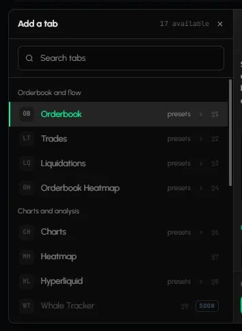 Add a tab: the catalog open with the Orderbook entry hovered