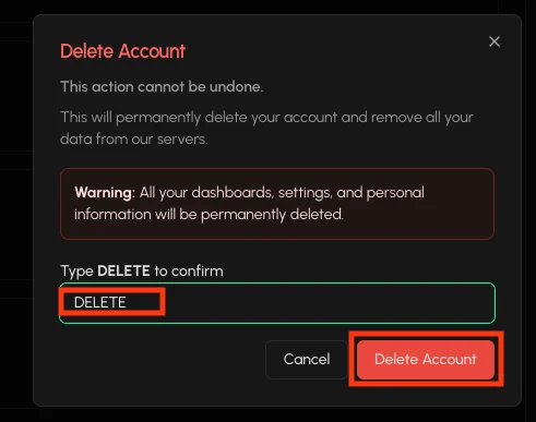 Delete Account dialog with DELETE typed in the confirmation field