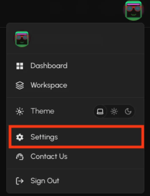 User menu open from the avatar in the top bar, with Settings highlighted