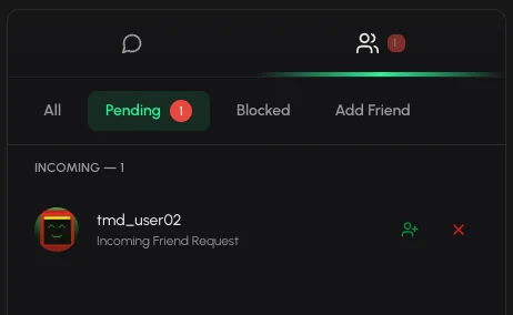 Pending tab with an incoming friend request and the accept and reject buttons