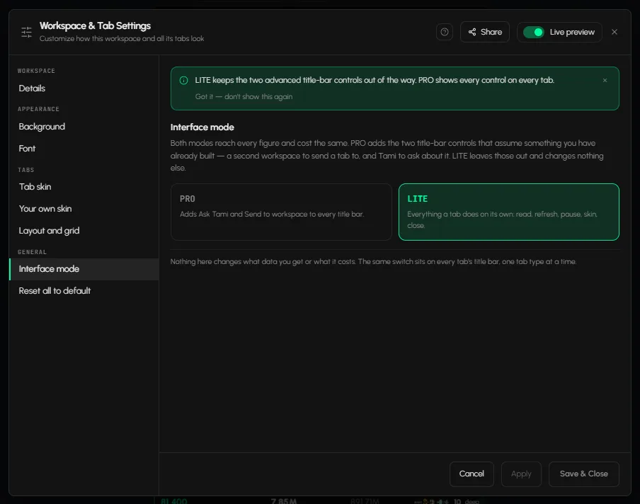 Workspace & Tab Settings on Interface mode with LITE and PRO
