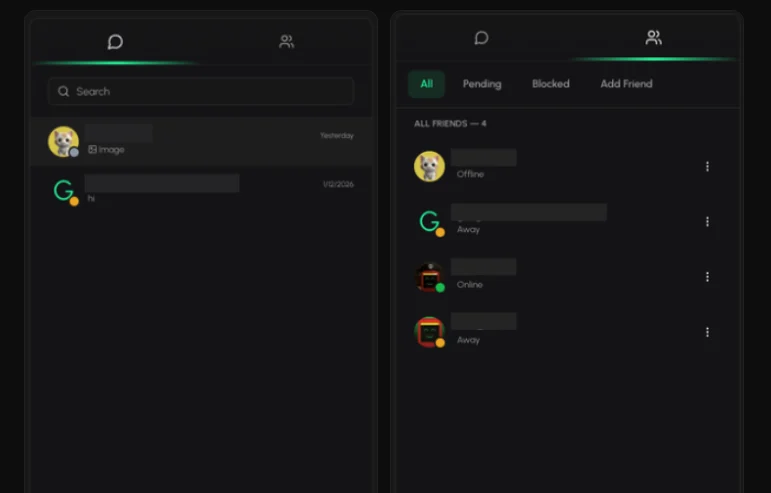 Messages tab and Friends tab side by side, with All, Pending, Blocked and Add Friend