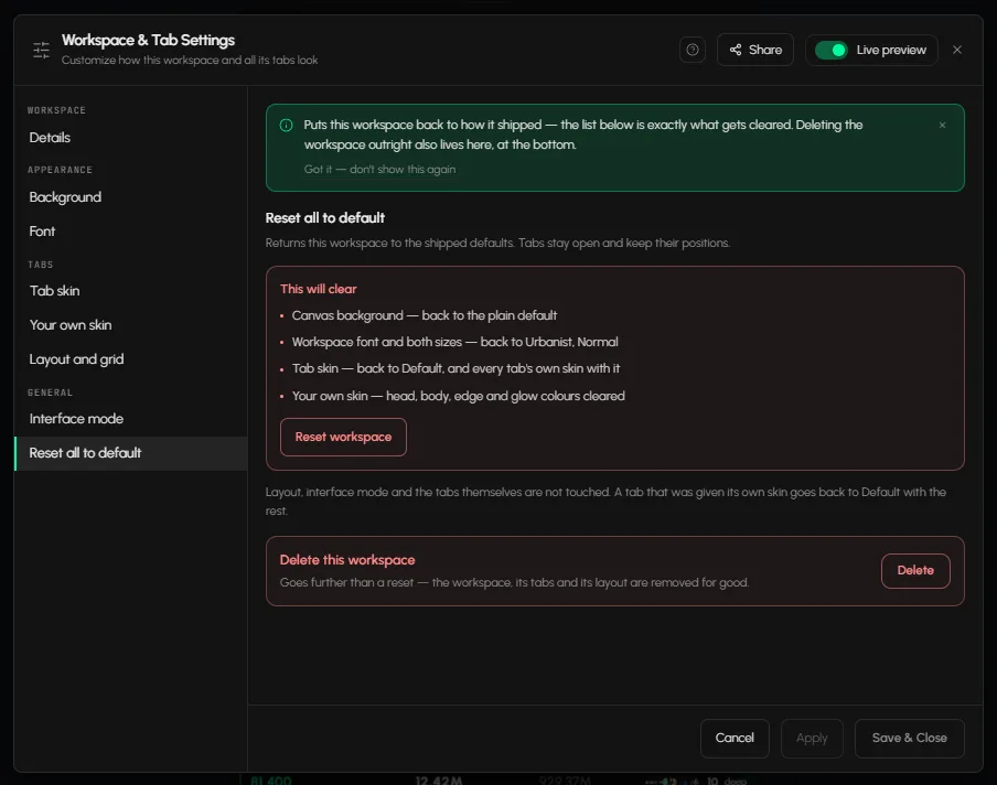 Reset all to default in Workspace & Tab Settings with the list of what is cleared