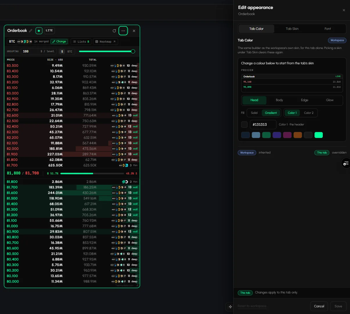 Edit appearance open for one tab