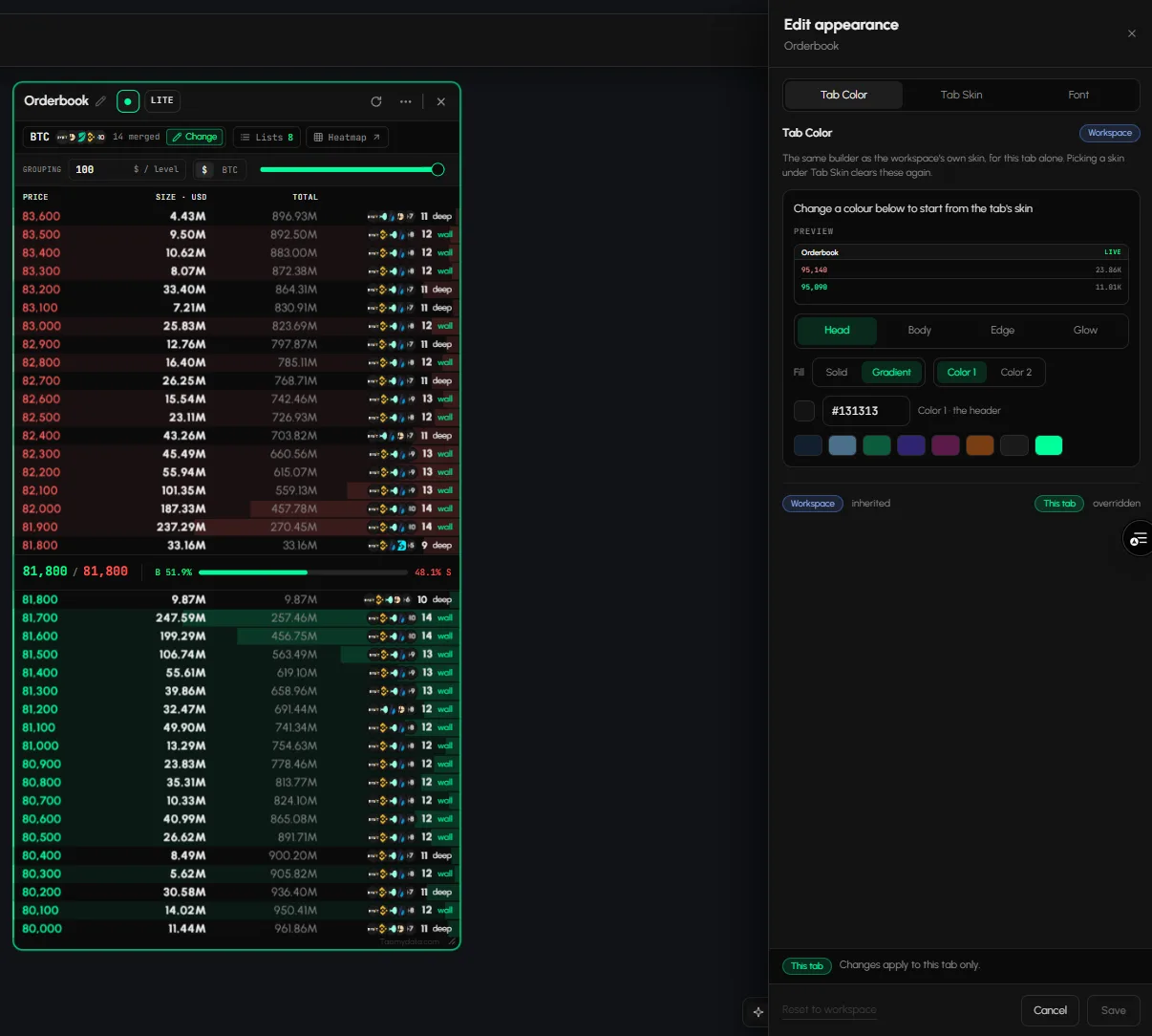 Edit appearance on Tab Color with your own colours