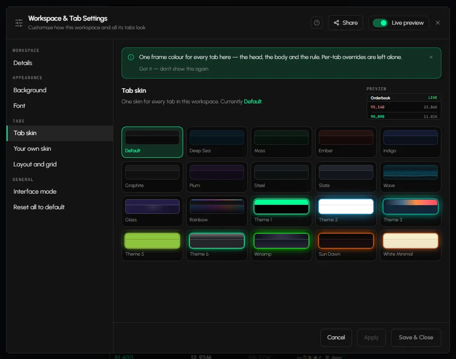 Workspace & Tab Settings on Tab skin with the skins for every tab