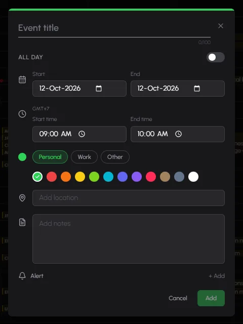 The New event dialog with start and end times and the GMT offset