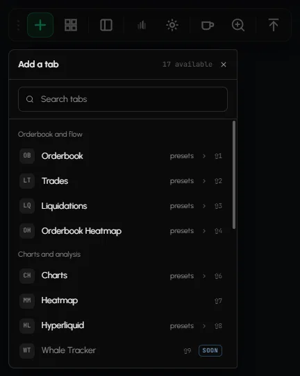 The Add a tab panel listing every tab you can place on the workspace