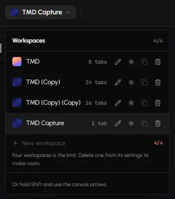 The workspace switcher open with every workspace and its tab count