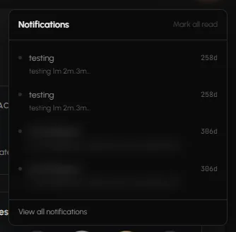 The notifications dropdown with Mark all read and View all notifications
