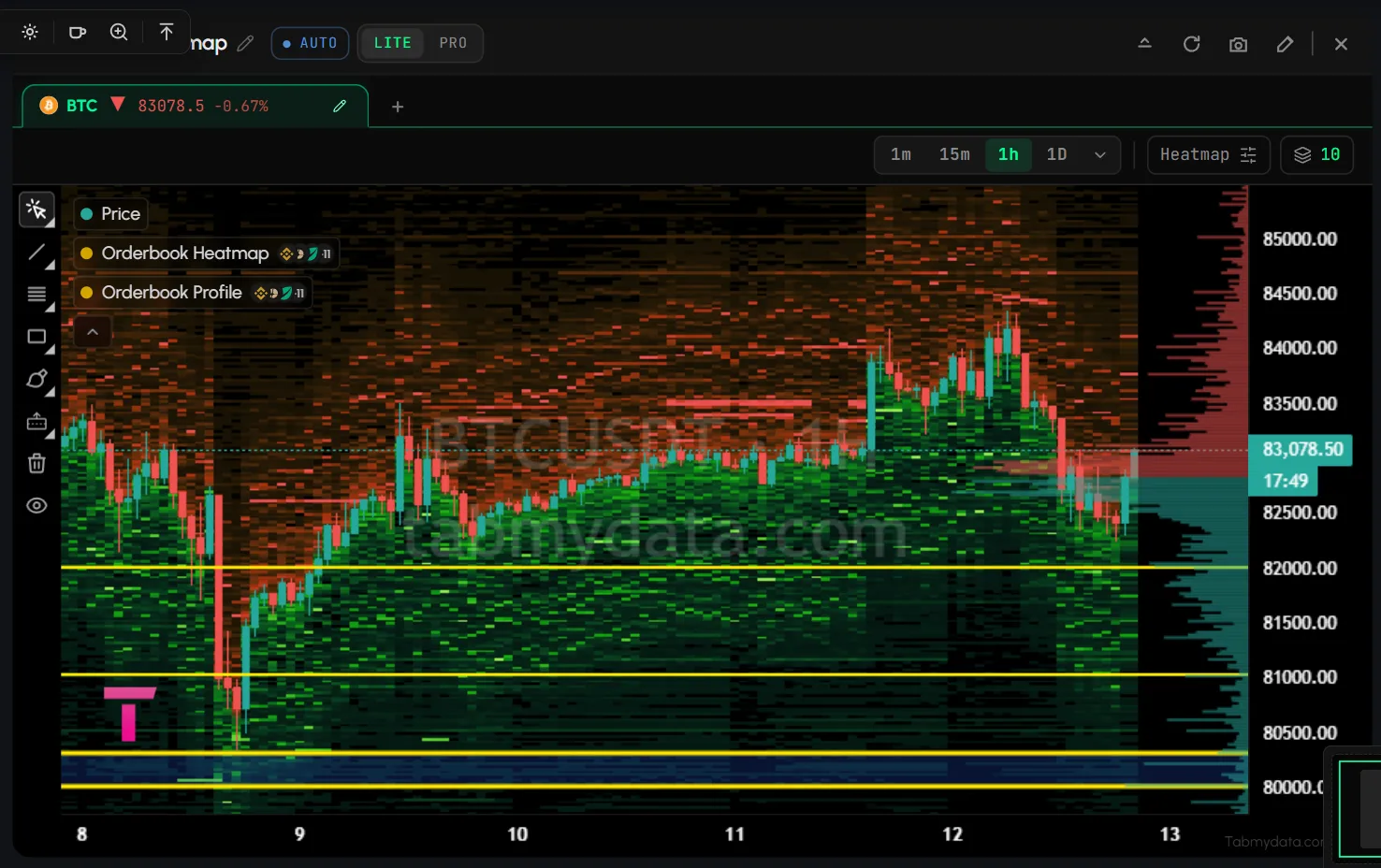 The Orderbook Heatmap with the heat field, price tag and the profile band on the right