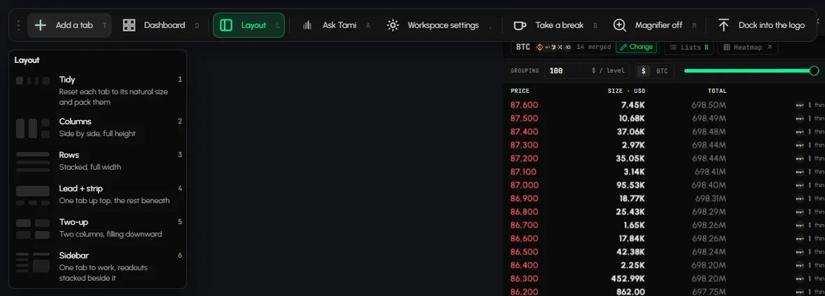 The Arrange the open tabs menu