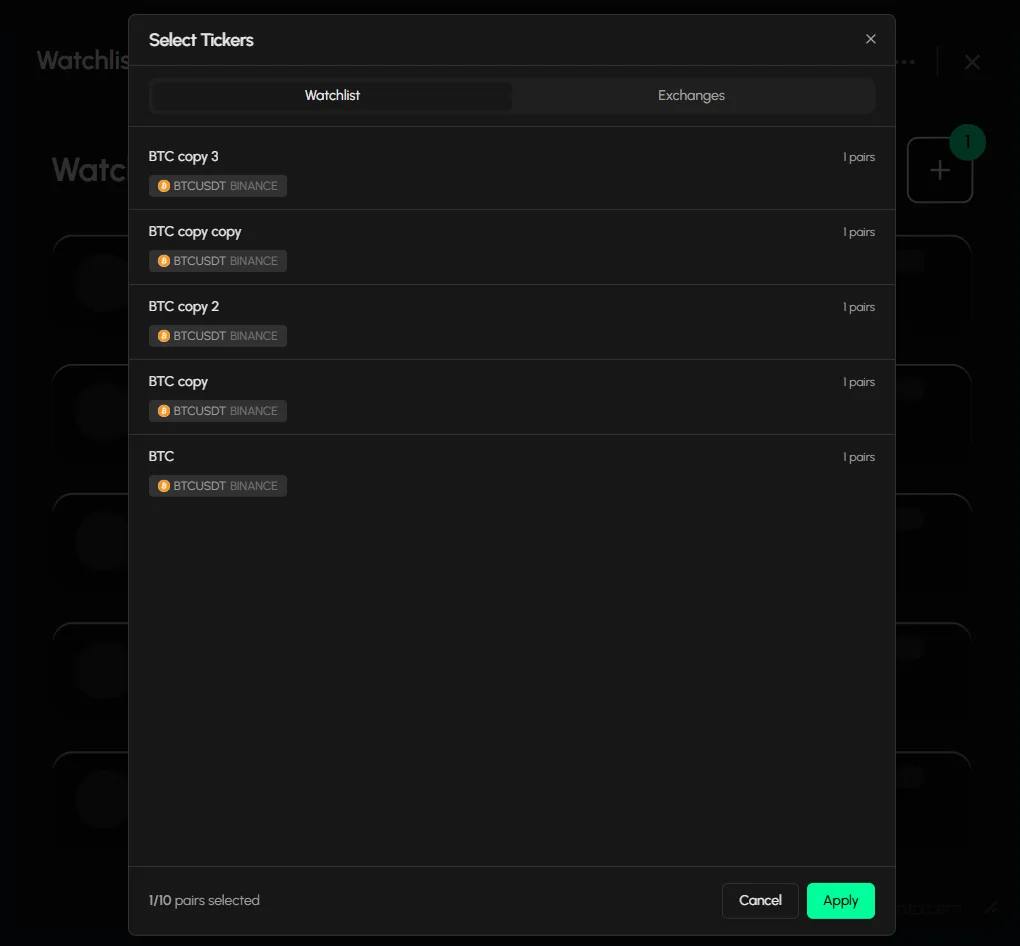 The Select Tickers dialog of the Watchlist tab