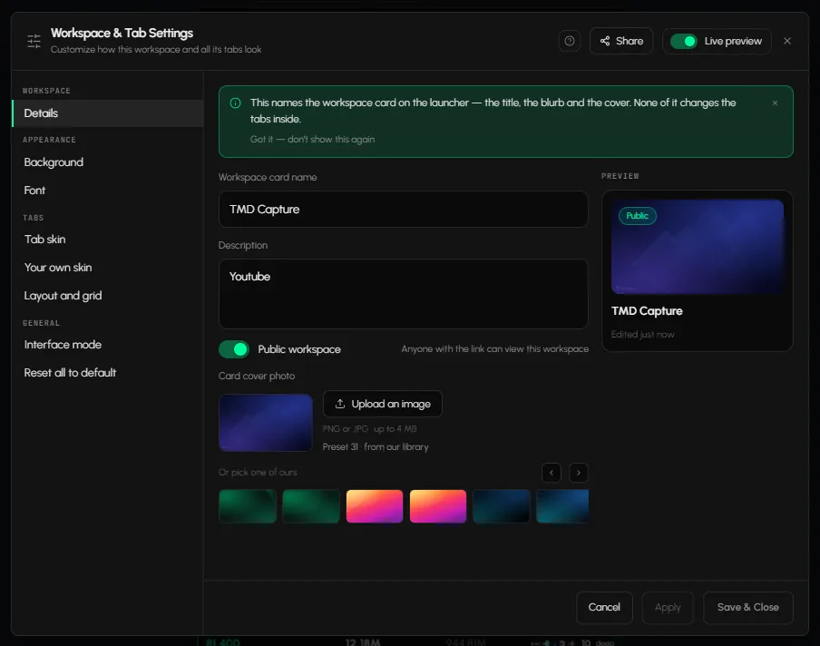 Workspace & Tab Settings open on Details with the left menu